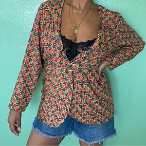 80s/90s Blouse Double Breasted Earth & Jewel Tone Pattern Long Sleeve